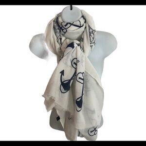 Nautical Cream Navy Oblong Scarf Fringe Edge 32X75 Fall